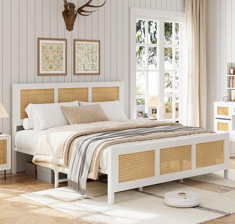 dainslef Rattan Bed Frame with Headboard, Queen Bed Frame with Strong Metal Slats Support, Noise-Free Design, No Box Spring Needed, White dainslef