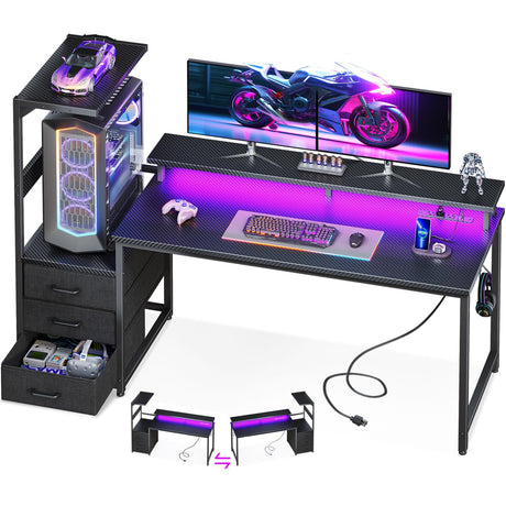 AODK 59 Inch Gaming Desk with USB Charging Ports & LED Light- Reversible Computer Desk with Storage Shelves & Monitor Stand, Modern Gamer Desk Table with Fabric Drawers & Side Hook, Carbon Fiber Black AODK