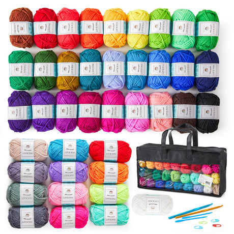 Inscraft 48 PCS Crochet Yarn Kit, 1400 Yards 40 Colors Acrylic Yarn Skeins, 2 Crochet Hooks, 2 Weaving Needles, 4 Stitch Markers, 1 Bag, for Crocheting & Knitting, Gift for Beginners and Adults INSCRAFT