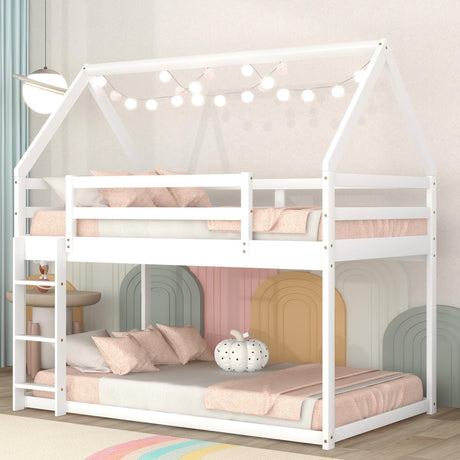Bellemave Low Twin Over Twin House Bunk Bed for Kids - Solid White Wood with Ladder and Guardrails Bellemave