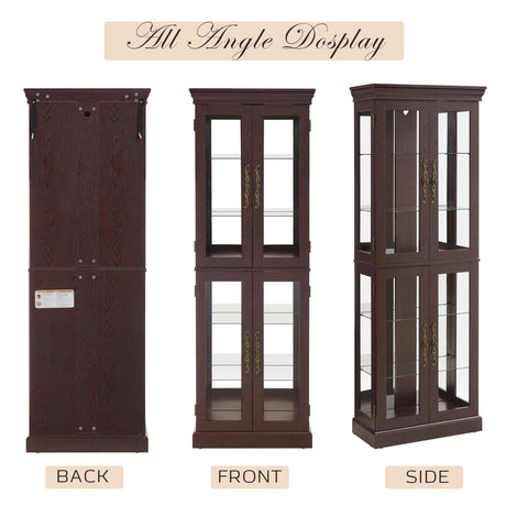 Lighted Curio Cabinet 71" Vintage Glass Display Case with Adjustable Shelves, 4 Tempered Glass Doors, Bulb Included, Wooden Square Wine Bar China Cabinet for Living Room Liquor Storage (Dark Cherry) CKEASEAN
