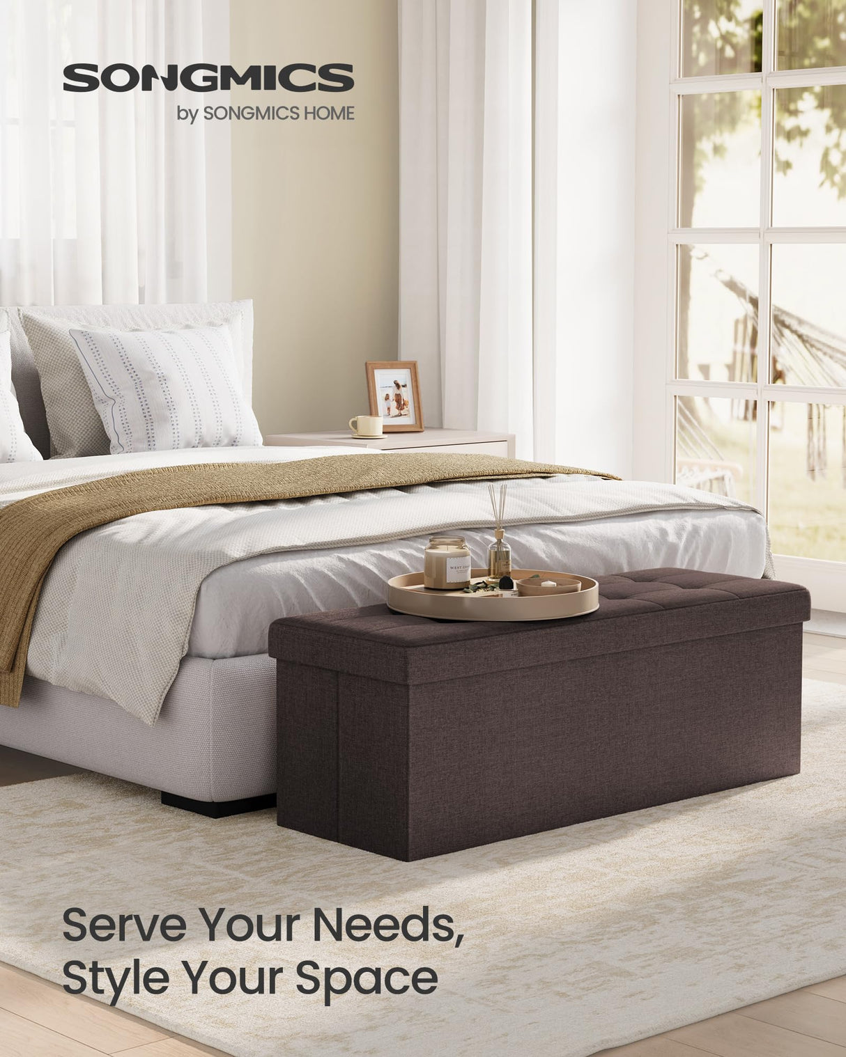 SONGMICS MAZIE Collection - 43 Inches Folding Storage Ottoman Bench, Ottoman Foot Rest, End of Bed Bench, Storage Chest, Load 660 lb, for Living Room, Bedroom, Entryway, Brown ULSF77BR SONGMICS