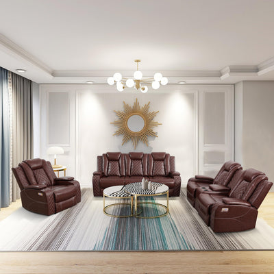 AYCP Multifunction Power Air Leather Recliner Sofa Set with LED Lights, Living Room Furniture, Reclining Sofa, loveseat, Chair with USB Port/Storage (Brown, 3 Pieces)