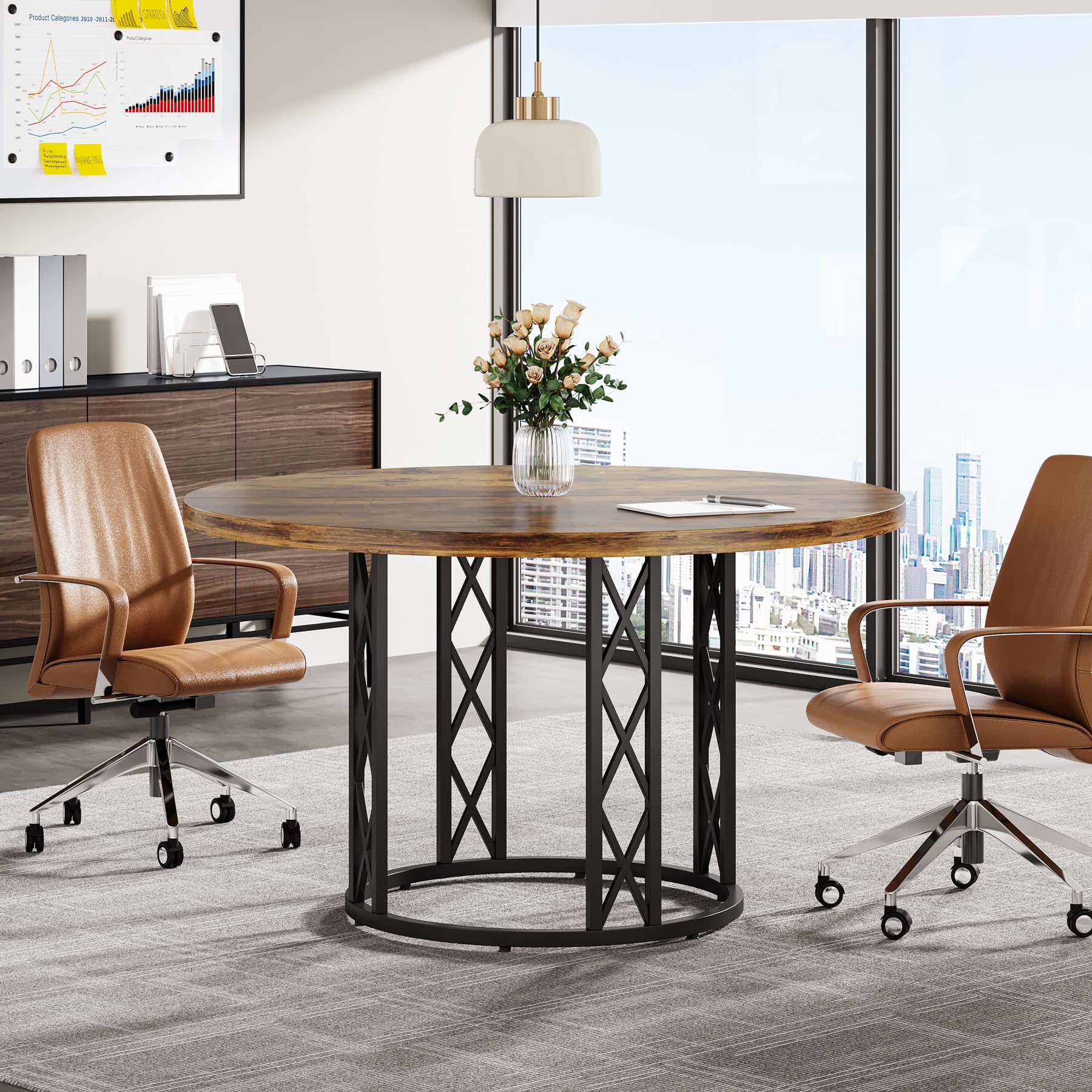 Tribesigns 47" Round Conference Table, Round Business Meeting Table with Metal Base, Small Seminar Table Reception Negotiation for Office Meeting Conference Room - WoodArtSupply