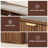 Maupvit Fluted Shoe Bench with Storage, Narrow Wooden Entryway Bench with Removable Cushion & 2 Flip-Drawers, Shoe Cabinet Bench, Farmhouse Boho Shoe Rack for Entrance, Hallway, Living Room (Walnut) Maupvit