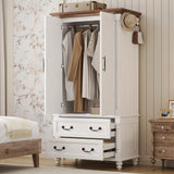 LIKIMIO Farmhouse Armoire Wardrobe Closet with 2 Doors and 2 Drawers, 70" H x 36" W, Large Bedroom Armoire with Roman Column and 3 Hanging Hooks, Wooden Freestanding Closet Cabinet, White LIKIMIO