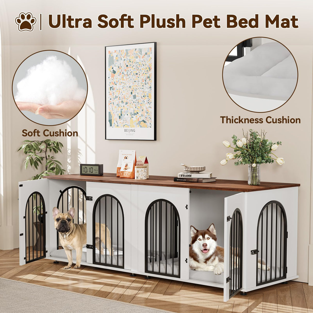 71" Large Dog Crate Furniture for 2 Dogs, Wooden Double Dog Crate with Door, Indoor Dog Kennel TV Stand with Divider and Cushion for Large Medium Dogs,White/Brown GarveeHome