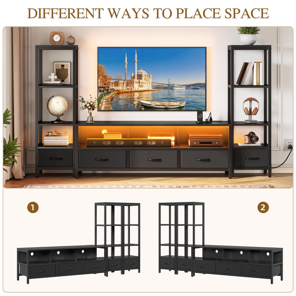 YITAHOME TV Stands for 65 inch TV Entertainment Center with 2 Industrial 4-Tier Bookshelves, LED TV Stands for Living Room, Modern Farmhouse TV Console Cabinet with Power Outlets,Black YITAHOME