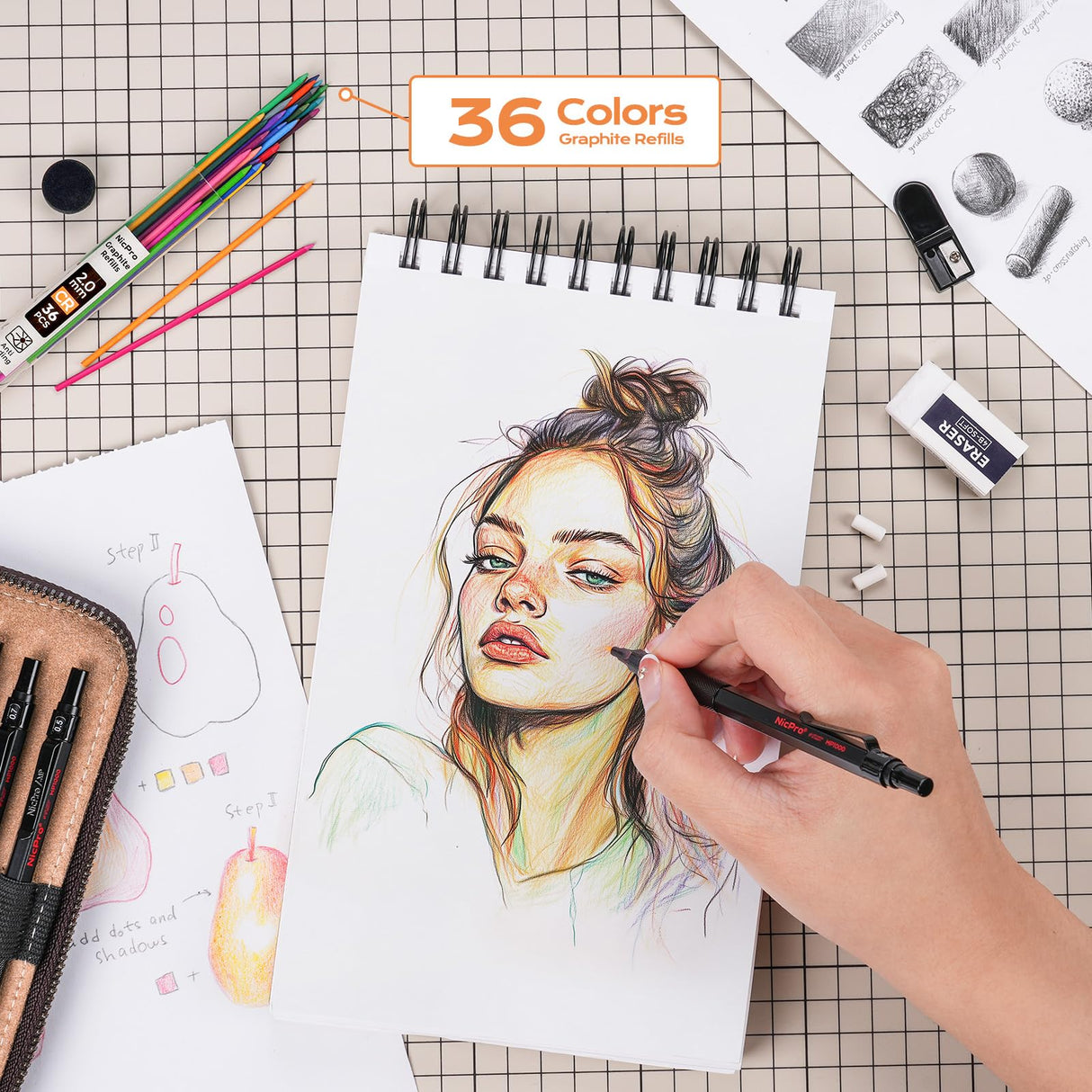 Nicpro 30PCS Black Metal Mechanical Pencil Set in Leather Case, Art Drafting Pencil 0.5, 0.7, 0.9 mm, 2mm Lead Pencil Holders for Sketching Drawing With 16 Tube (6B 4B 2B HB 2H 4H Colors)Lead Refills Nicpro