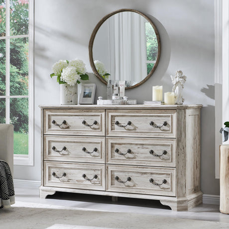 T4TREAM Farmhouse 6 Drawers Dresser for Bedroom, 54" Wide Wood Rustic Chest of Drawers with Natural Texture, Vintage Design, Storage Dressers Organizer for Bedroom, Living Room, Distressed White T4TREAM