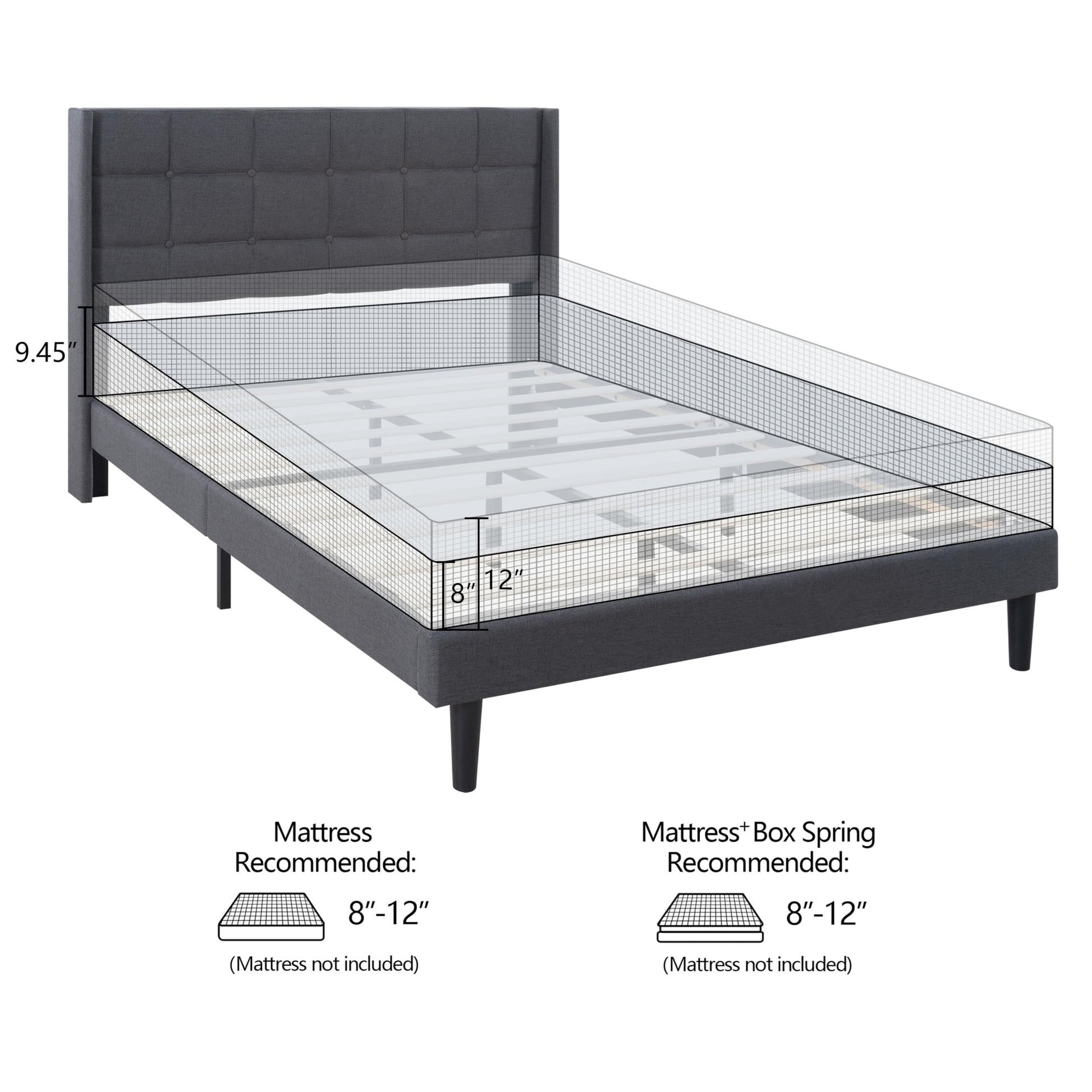 NELGUTA Dark Gray Upholstered Queen Bed Frame with Headboard - Sturdy Wooden Slats, Easy Assembly, No Box Spring Required - WoodArtSupply