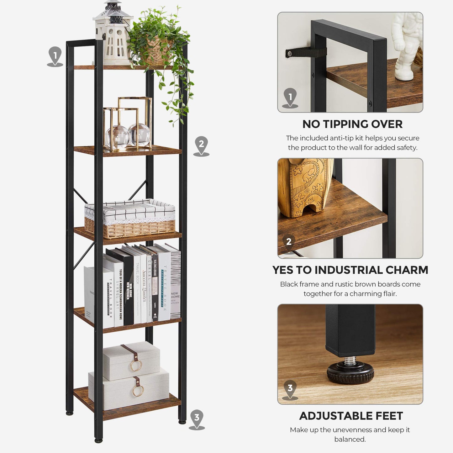 VASAGLE 5-Tier Tall Bookshelf, Narrow Bookcase with Steel Frame, Skinny Book Shelf for Living Room, Home Office, Study, 11.8 x 15.6 x 60.6 Inches, Industrial Style, Rustic Brown and Black ULLS100B01