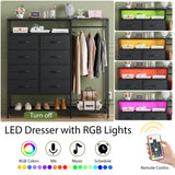 Black Dresser for Bedroom with 8 Drawers and Hanging Rack, 47 Inch Closet Dressers with LED Lights, Shelves & Charging Station, Clothes Storage Organizer Harpaq