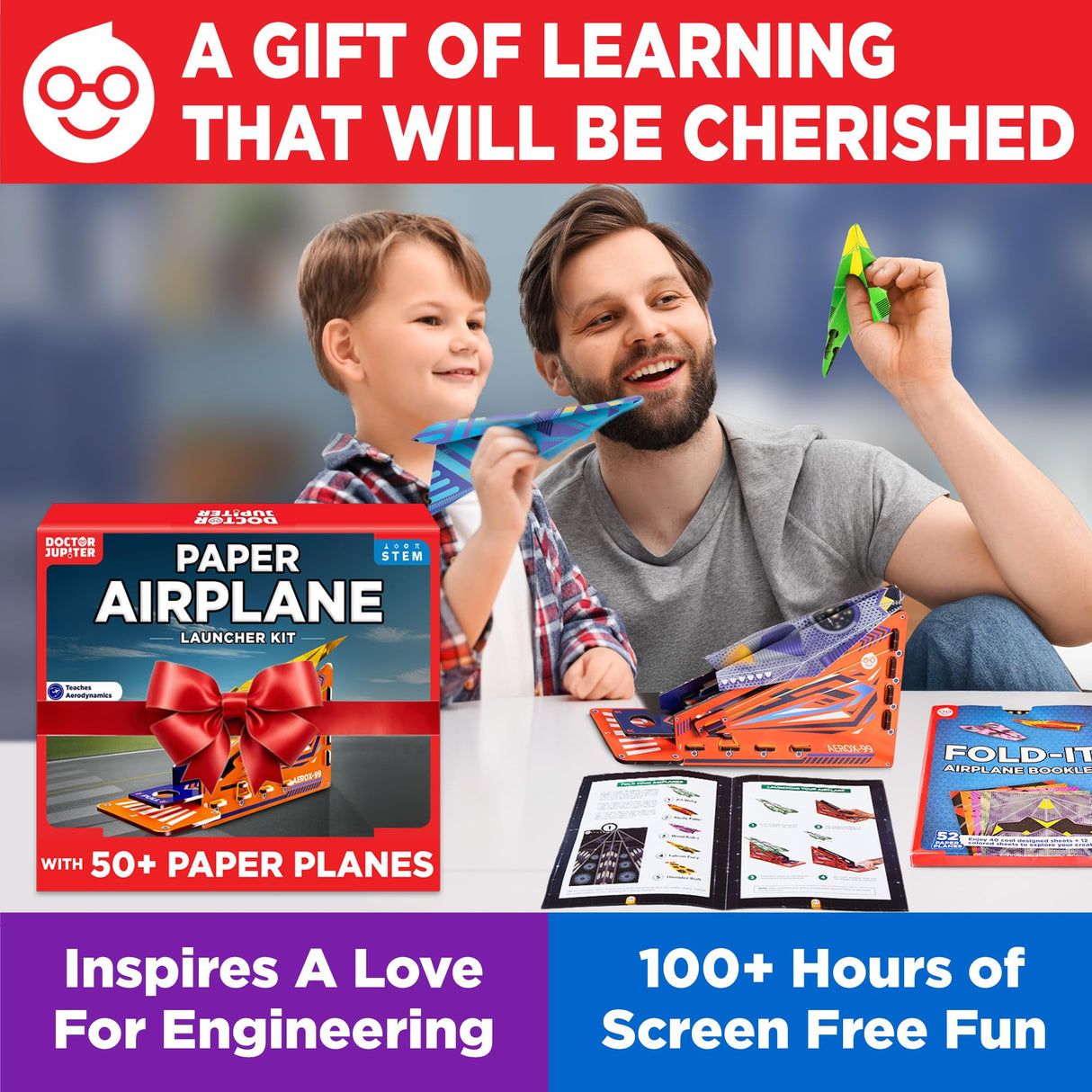 Doctor Jupiter Paper Airplane Book Kit, Crafts for Kids Ages 6+ | Birthday Gift Ideas for 6-7-8-9-10-11-12 Year Old Boys & Girls | Learning & Educational STEM Toy with 50 Paper Airplanes and Launcher Doctor Jupiter