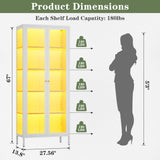 Lucky Monet 5-Tier Display Cabinet with 12 Color Lights & Glass Doors, 67" Lighted Curio Cabinet with Adjustable Shelves, Glass Metal Display Case for Collectibles Figures China (White) Lucky Monet