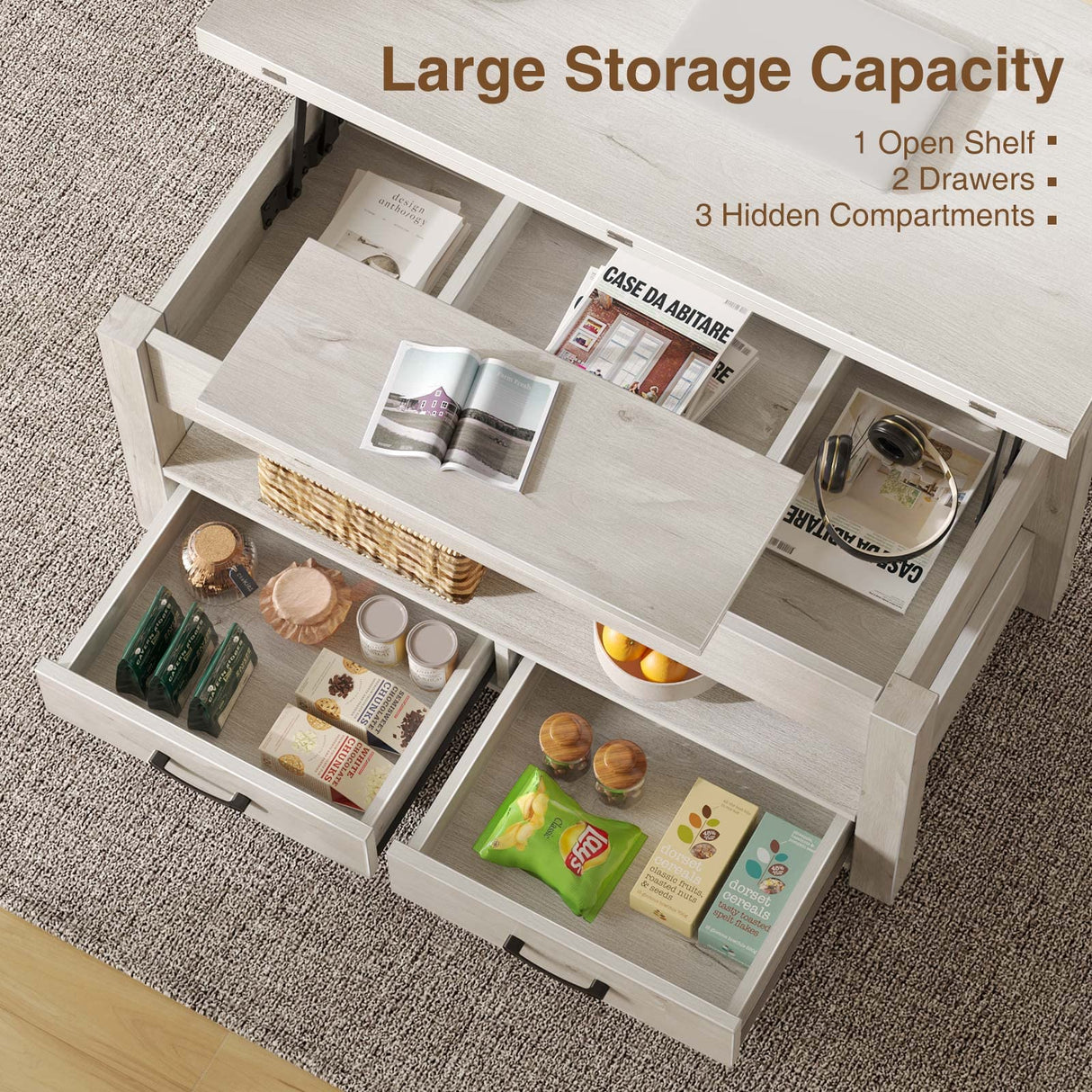Rolanstar Coffee Table Lift Top, Multi-Function Convertible Coffee Table with Drawers and Hidden Compartment, Converts to Dining Table for Living Room, Home Office,Grey Rolanstar