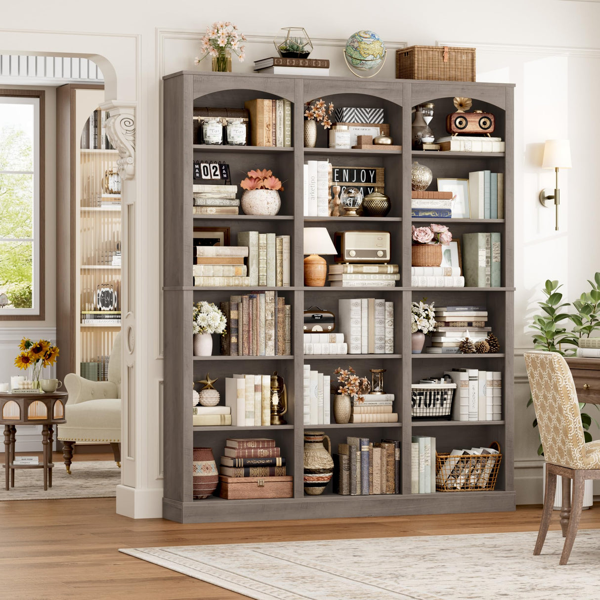 FACBOTALL 71" Triple Wide Bookshelf, 6 Tier Tall Bookshelf, Large Bookcase with Curved Baffle, 63.4" Wide Book Shelf with 18 Open Display Shelves for Living Room, Study, Gray FACBOTALL