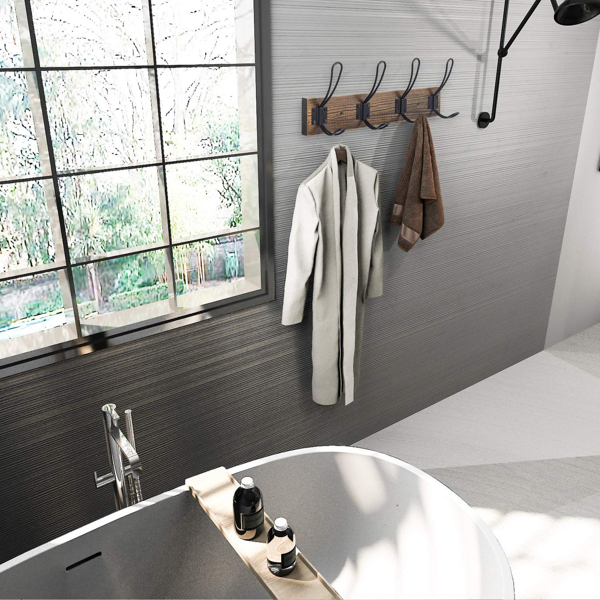 Homagic Solid Pine Wood Towel Rack Rustic Coat Rack Wall Mounted Coat Hook with 4 Farmhouse Hooks Rustic Towel Racks for Bathroom Entryway Kitchen Towel Coat Hat Purse Robes (Brown) Homagic