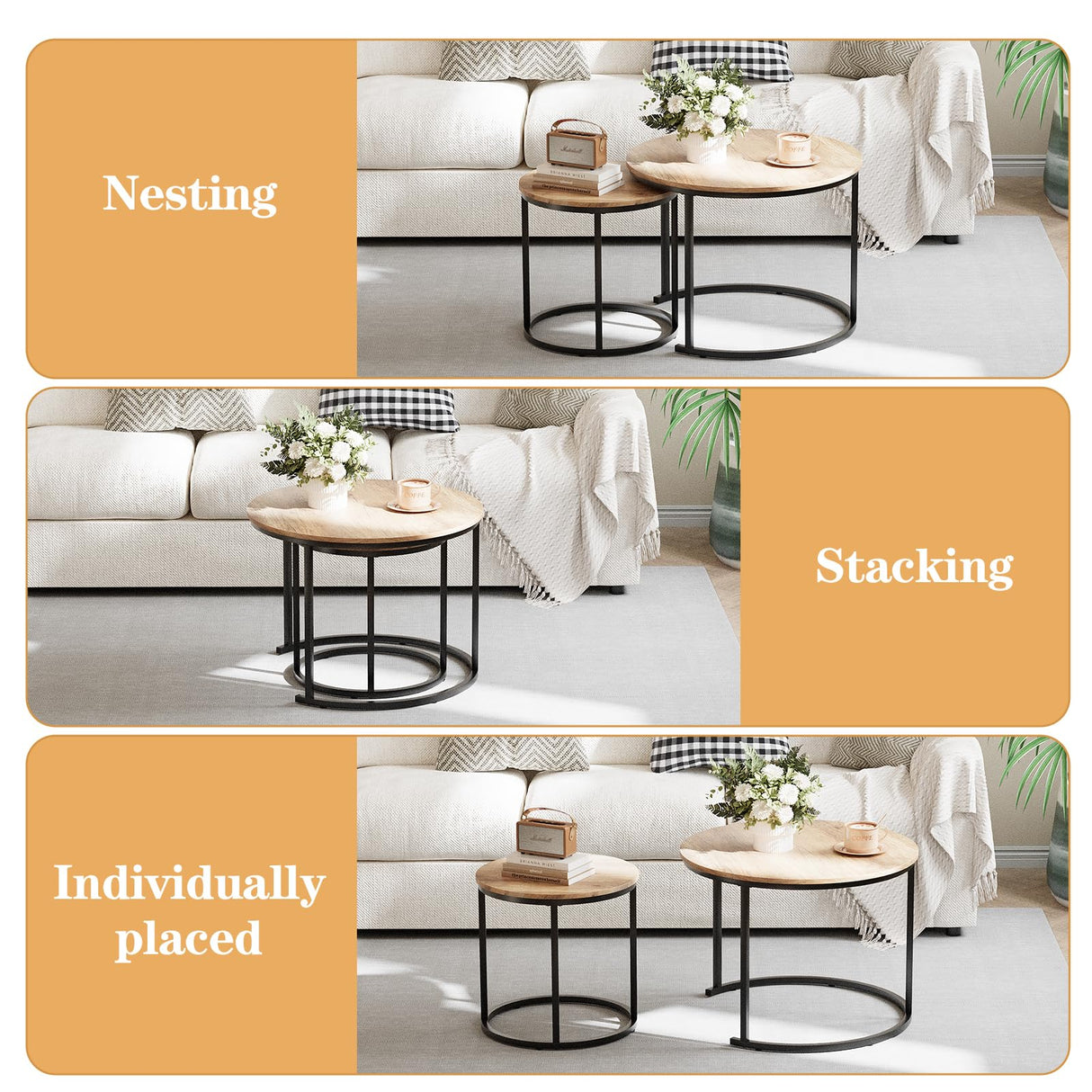 Garden 4 you Nesting Coffee Table, 23.6" Round Coffee Table Set of 2, Wooden Nesting Table Set for with Metal Frame, Side Tables for Living Room Bedroom Balcony, Brown Garden 4 you