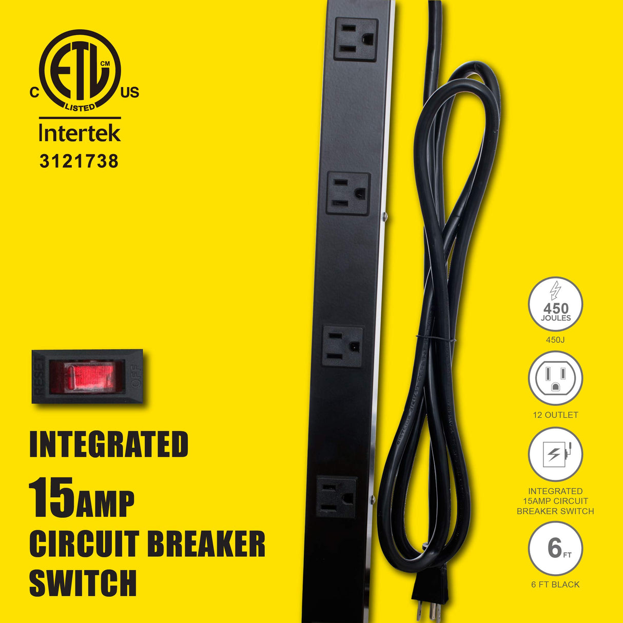 KMC 12 Outlet Heavy Duty Metal Surge Protector Power Strip with 6-Foot Long Extension Cord, 125V/15A, Black KMC