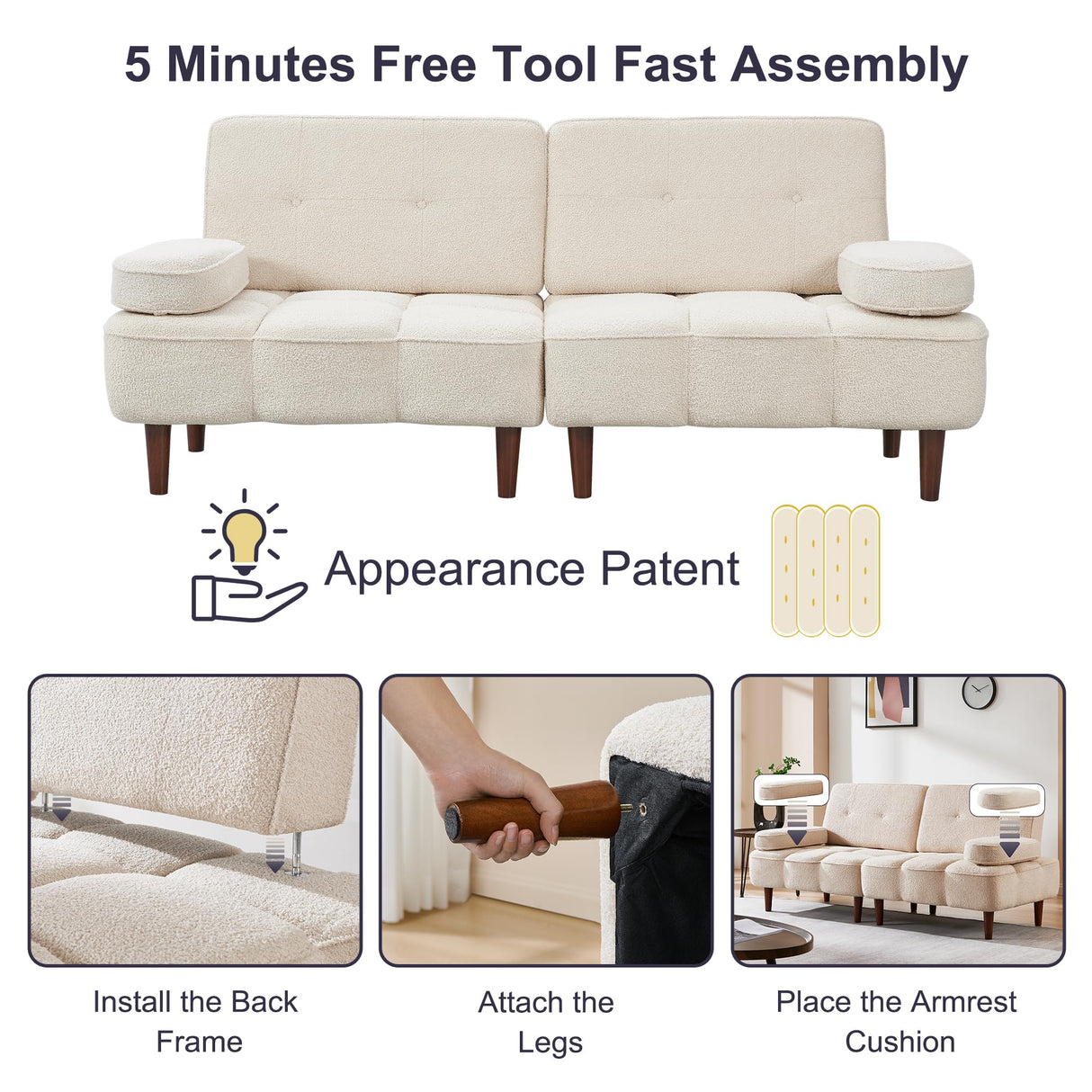 Furnify Cloud Couch, 76" Loveseat Sofa Bed with Removable Armrest, Boucle Sherpa Sofa Bed, Comfy Upholstered Sleeper Sofa for Living Room, Bedroom, Office, Beige Teddy Furnify