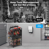 JUNNUJ Power Tool Organizer Floor Stand with Charging Station, Garage Adjustable Storage Rack Utility Tool Shelf with 8 Outlet Power Strip, Heavy Duty Drill and Battery Holder, Black JUNNUJ