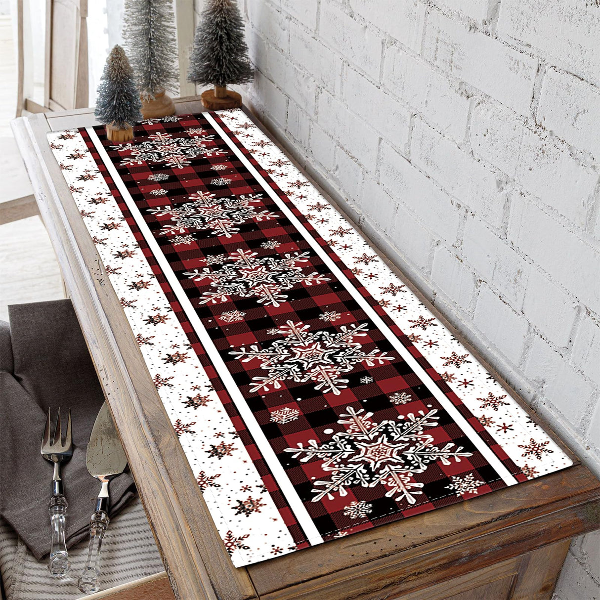 Niviy Snowflakes Christmas Table Runner with Buffalo Plaid, Winter Xmas Holiday Kitchen Dining Table Decoration for Indoor Outdoor Home Party Decor 13 x 72 Niviy