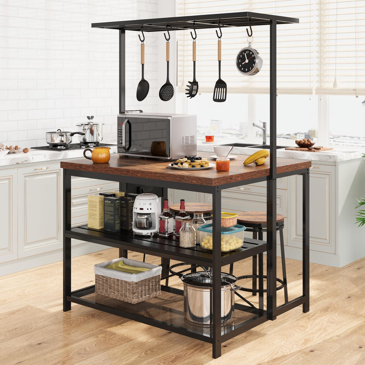 Kitchen Island with Storage, Bakers Rack with Power Outlet, Island Table for Kitchen,3 Tier Microwave Stand Oven Shelf,Large Coffee Bar Table, Storage Shelf for Kitchen Dining Room Living Room,5 Hooks GAOMON