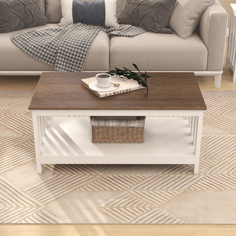 ChooChoo White Coffee Table, Farmhouse Living Room Table with Shelf, 40 Inch ChooChoo