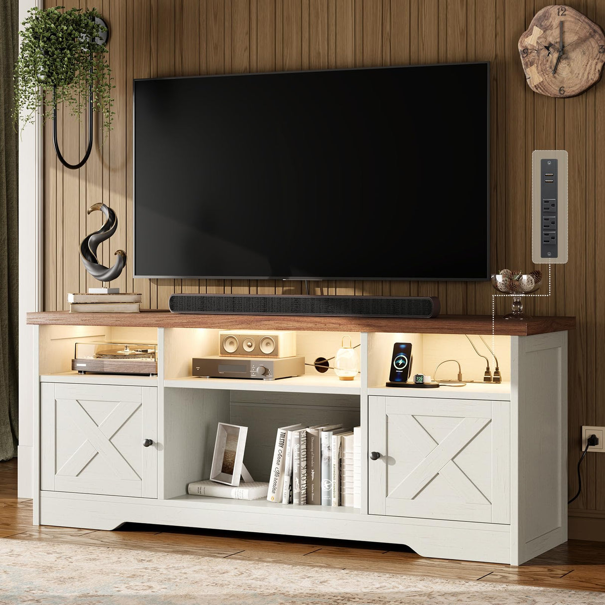 Casaottima TV Stand for 65 Inch TV, Farmhouse Entertainment Center with Power Outlet & LED Light and Storage Cabinets, Console Table and Media Furniture for Living Room Bedroom, White Casaottima