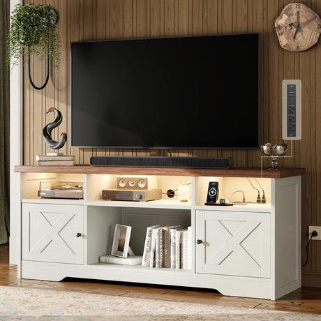 Casaottima TV Stand for 65 Inch TV, Farmhouse Entertainment Center with Power Outlet & LED Light and Storage Cabinets, Console Table and Media Furniture for Living Room Bedroom, White Casaottima