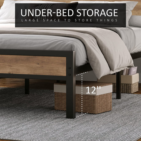 AMERLIFE Queen Size Bed Frame Industrial Platform Bed with Charging Station, 2-Tier Storage Headboard/No Box Spring Needed/Noise-Free/Rustic Brown AMERLIFE