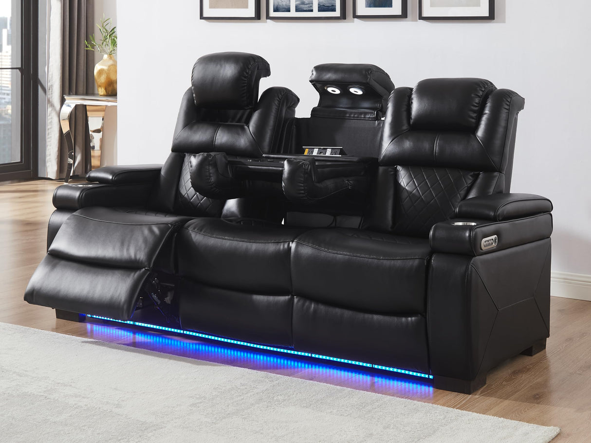 THSUPER Power Breathable Leather Reclining Sofa with LED Light, Home Theater Seating Recliner Couch with Adjustable Headrest/Reading Light/USB Port/Storage Arm/Drop Down Table for Living Room, Black THSUPER