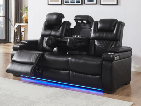 THSUPER Power Breathable Leather Reclining Sofa with LED Light, Home Theater Seating Recliner Couch with Adjustable Headrest/Reading Light/USB Port/Storage Arm/Drop Down Table for Living Room, Black THSUPER