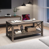 IDEALHOUSE Farmhouse Coffee Table 2-Tier Rustic Center Table Living Room Rectangle Cocktail Table Vintage Wood Look Tea Table with Shelf and X Metal Frame, Easy Assembly IDEALHOUSE