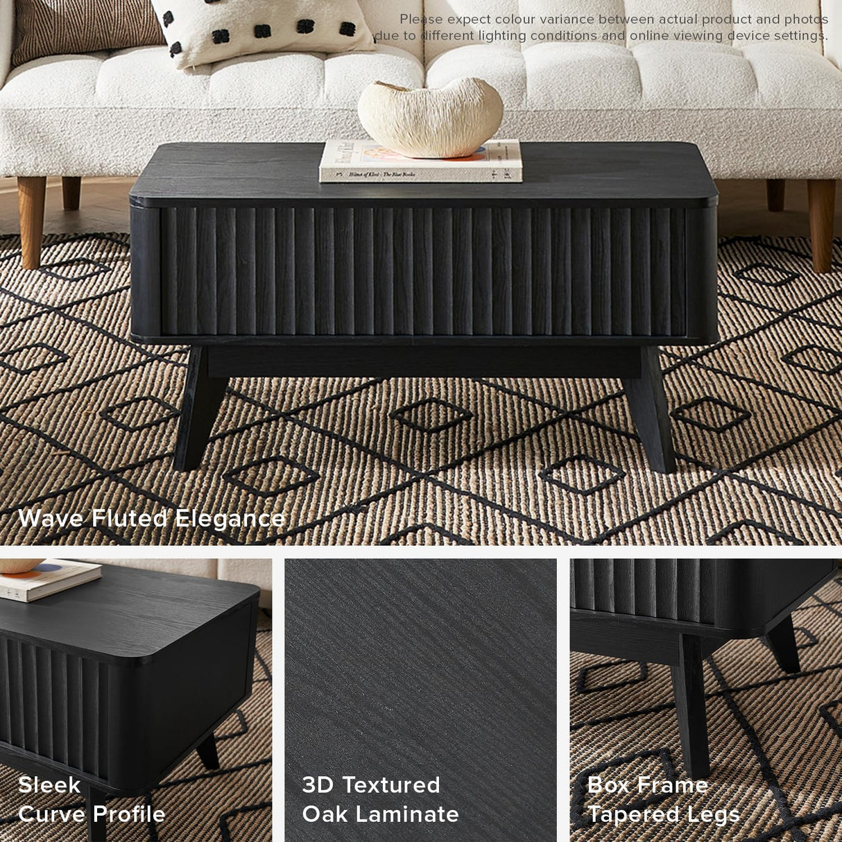 mopio Brooklyn Coffee Table, Lift Top Coffee Tables for Living Room, Mid Century, Modern Farmhouse Center Table with Lifting Top & Hidden Storage, Fluted Panel, Rising Pull Up Dining Table (Black Oak) mopio