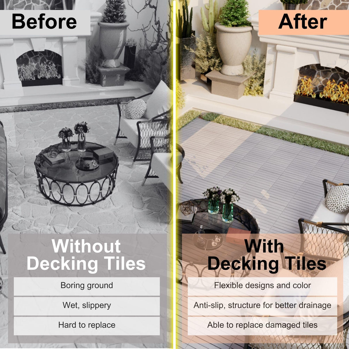 Dolonm Interlocking Solid Wood Deck Tiles, Golden Teak Wood for Flooring Tiles, for Patio Balcony Waterproof Both Indoor and Outdoor Decking Tile Gray Striped 12 x 12 x 0.7 inches Pack of 10 Dolonm