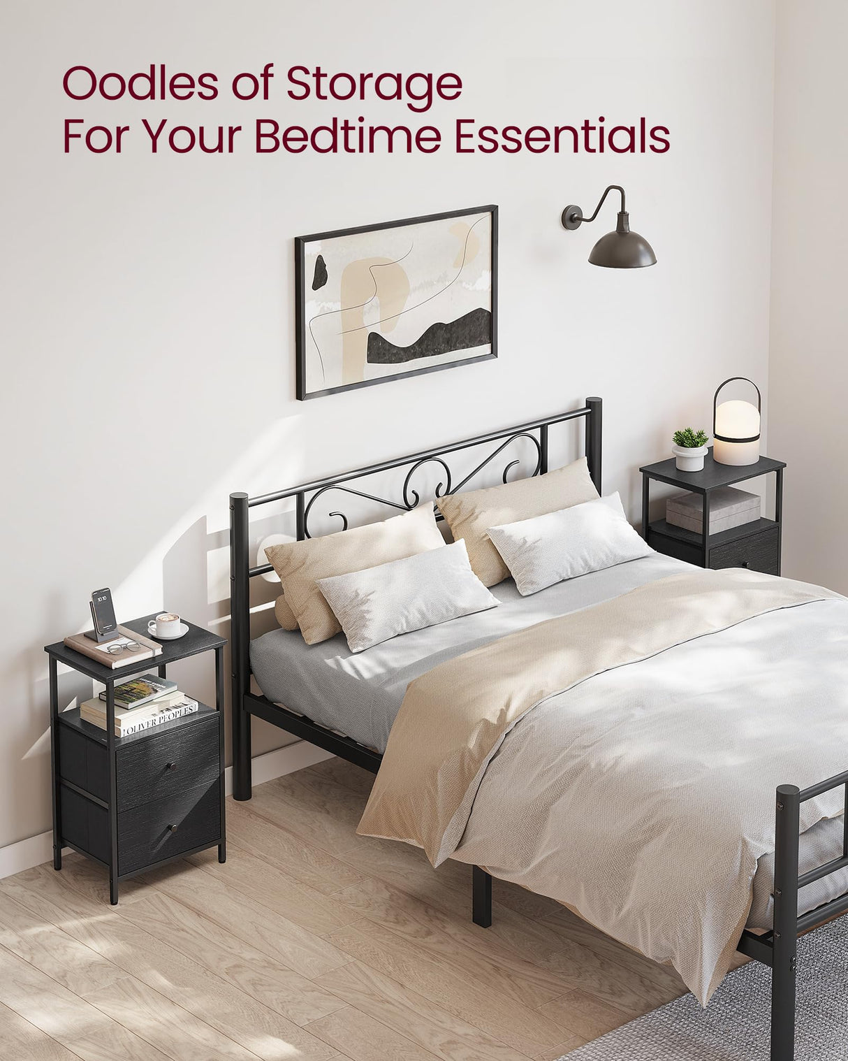 VASAGLE Nightstand, Side Table with 2 Fabric Drawers, 24-Inch Tall End Table with Storage Shelf, Bedroom, Ash Black and Black ULGS025B21 VASAGLE