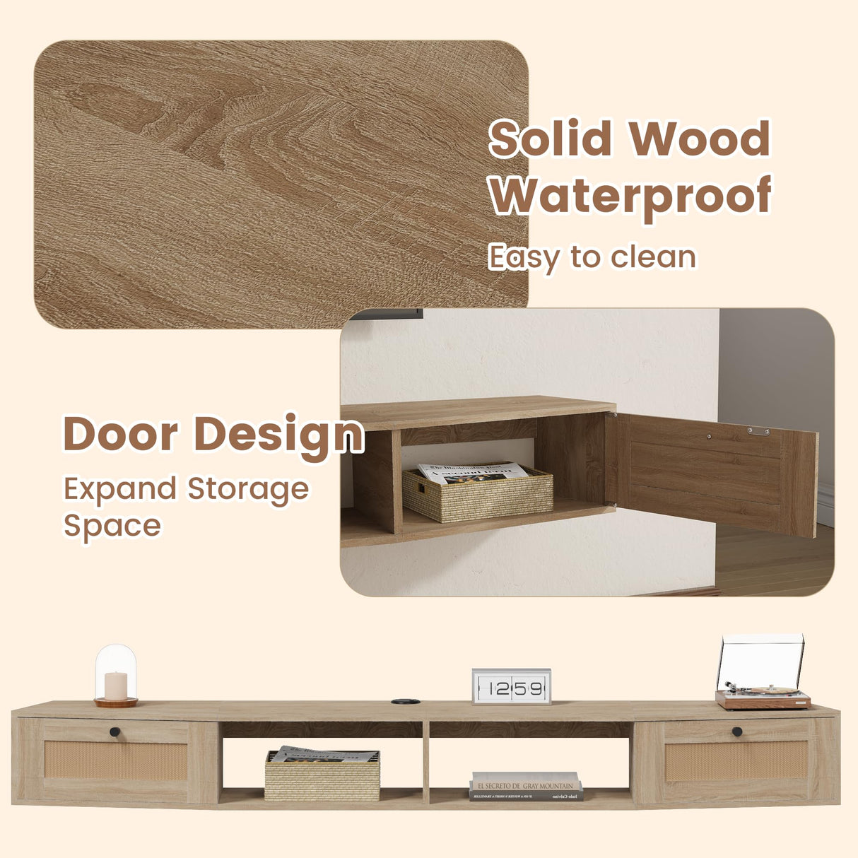 EROMMY Modern Rattan Floating TV Stand, Wall-Mounted Floating Stand for TVs up to 80 Inches with Doors, Entertainment Center for Under TV Storage, 70 inch, Oak EROMMY