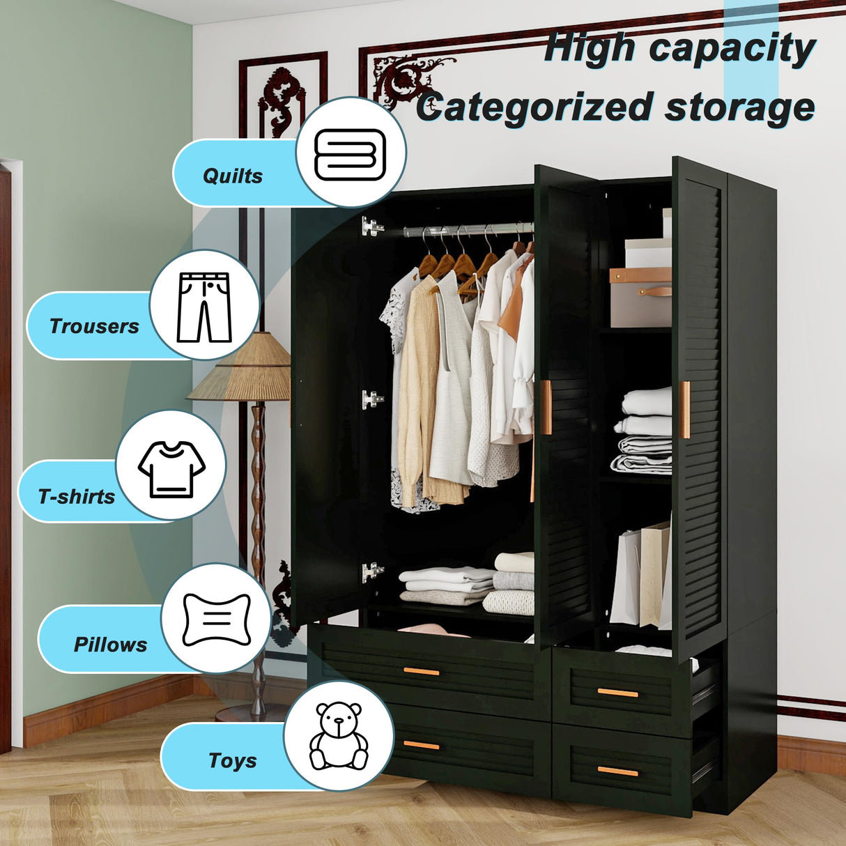 Keloyid Wood Armoire Wardrobe Closet Armoires Wardrobe Cabinet with 3 Door 4 Drawers Tall Wardrobe Closet Storage with Shelves and Hanging Rod for Bedroom Black 47.24''W x 19.69''D x 70.87''H Keloyid