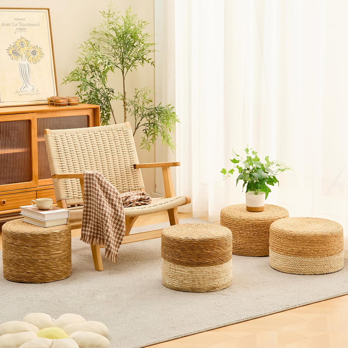 Wimarsbon Round Pouf Ottoman, Natural Hand Knitted Footrest Poof, Rustic Lounge Pouffe, Boho Pous Foot Stool, Accent Table or Seat (Natural Water Hyacinth, 17.7 * 17.7 * 9.84) Wimarsbon