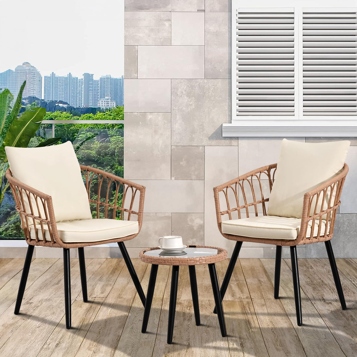 IJIALIFE 3 Pieces Patio Bistro Set, Outdoor Wicker Table and Chairs Set of 2, Rattan Balcony Furniture Set with Cushions for Front Porch Apartment Backyard Deck,Beige IJIALIFE