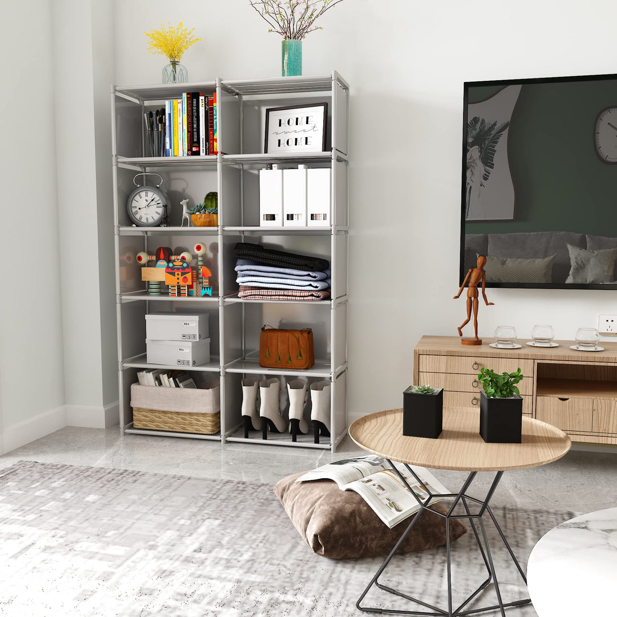 JIUYOTREE 6-Tiers Portable Bookshelf with Fabric Cloth at Back, 10 Cube Closet Storage Organizer Bookcase, Living Room,Study Room,Bedroom, Grey JIUYOTREE