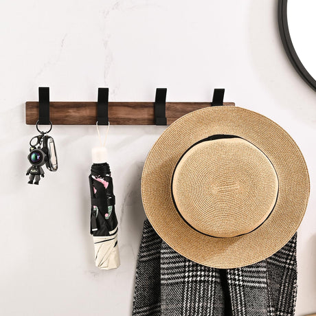 Jadorn Coat Rack Wall Mount - 15.7 Inches Walnut Wood Coat Hooks Coat Rack Wall Mount with 4 Hooks Black Aluminum Coat Hooks for Hanging Coat Hat Bag Hat Rustproof Coat Hanger Jadorn