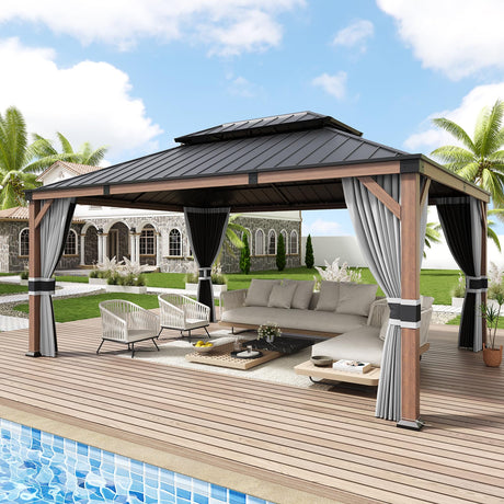 Amopatio 12' X 16' Wood Gazebo, Hardtop Gazebos with Galvanized Steel Double Roof, Metal Outdoor Permanent Aluminum Gazebo for Patio Deck Backyard Amopatio