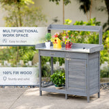 Outsunny Outdoor Potting Bench Table, Garden Work Station with Storage Cabinet, Open Shelf and Steel Tabletop, Gray Outsunny