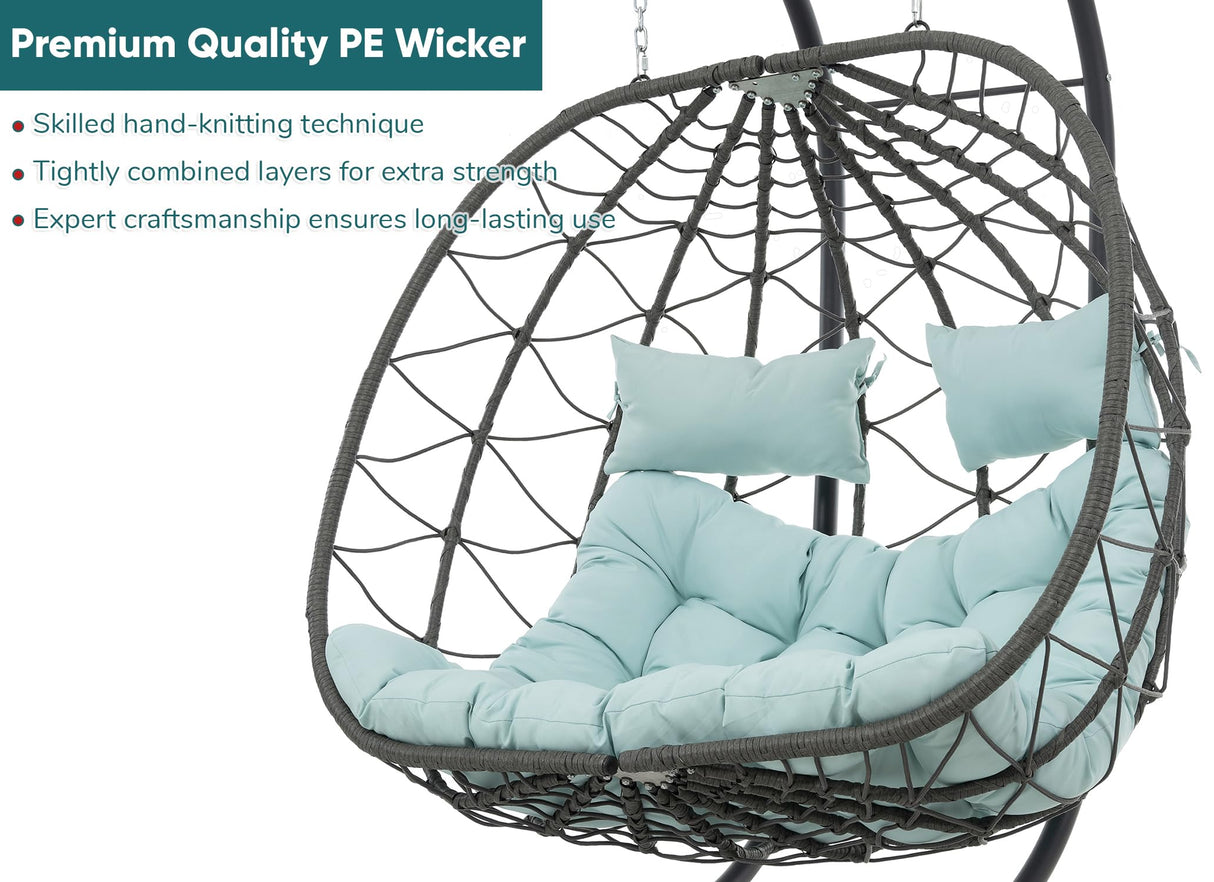JOYBASE Double Swing Egg Chair with Stand, 2-Person Hanging Egg Chair Wicker Rattan Oversized Swinging Chair for Outdoor Indoor Garden Patio (Light Blue) JOYBASE