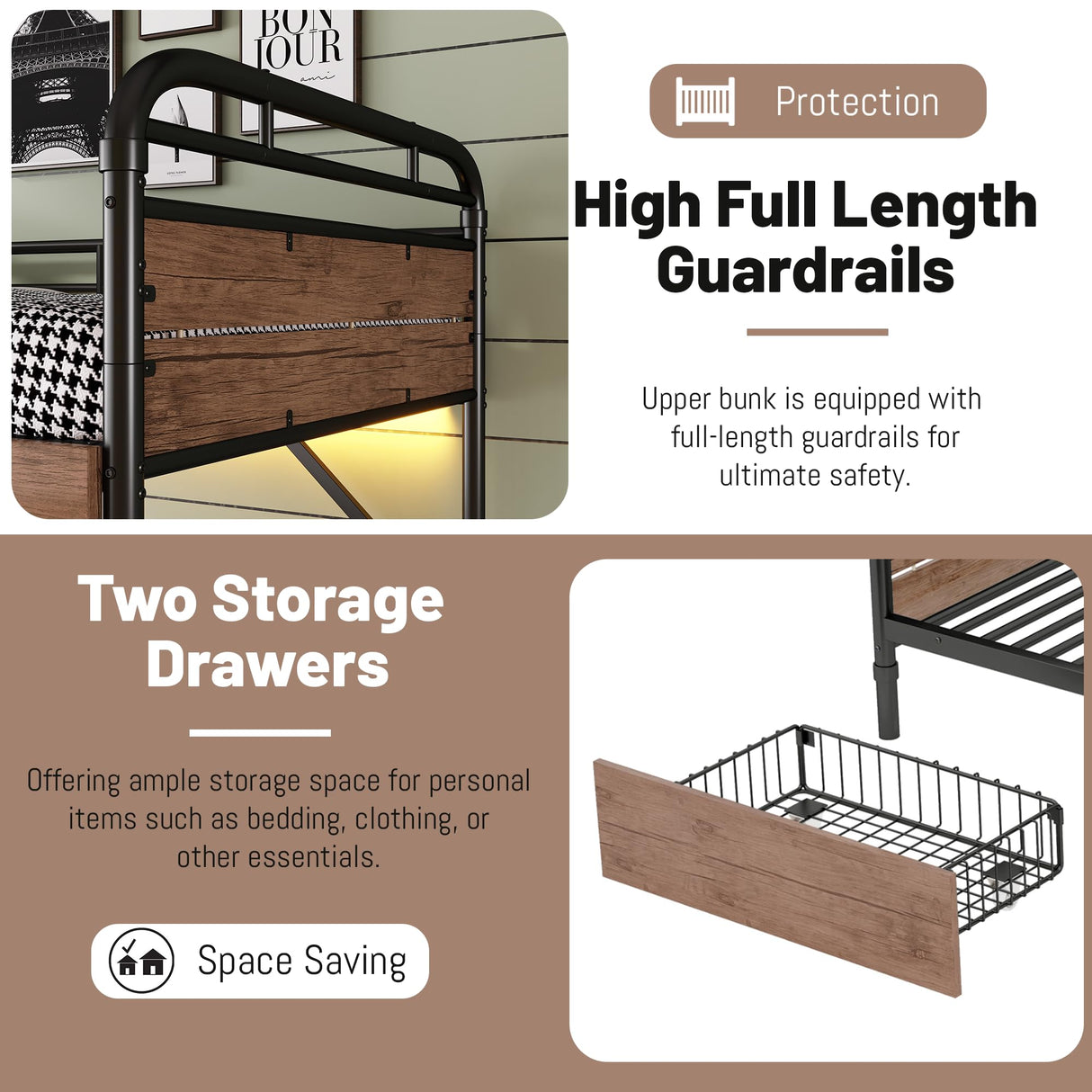 Twin XL Bunk Beds with LED Light and Charge Station for Kids and Teens , Industrial Heavy-Duty 2 IN 1 Convertible Gaming Bunk Bed with 2 Storage Drawers ,15.9" High Guard Rail,Space-Saving ,Black MoproBeti
