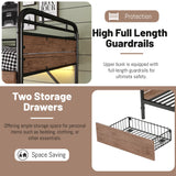 Twin XL Bunk Beds with LED Light and Charge Station for Kids and Teens , Industrial Heavy-Duty 2 IN 1 Convertible Gaming Bunk Bed with 2 Storage Drawers ,15.9" High Guard Rail,Space-Saving ,Black MoproBeti