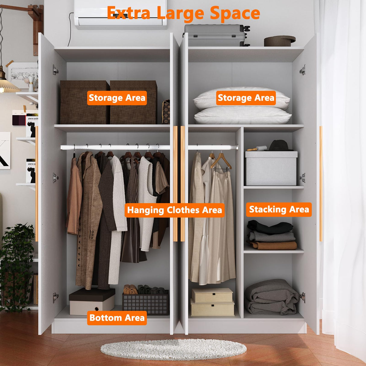 Fddevelop 4 Doors Wooden Wardrobe Closet Armoire, White Storage Cabinet for Hanging Clothes, Bedroom Extra Large Capacity Freestanding Armoire,Wood Wardrobe Combination with Shelves (White) (White) Fddevelop